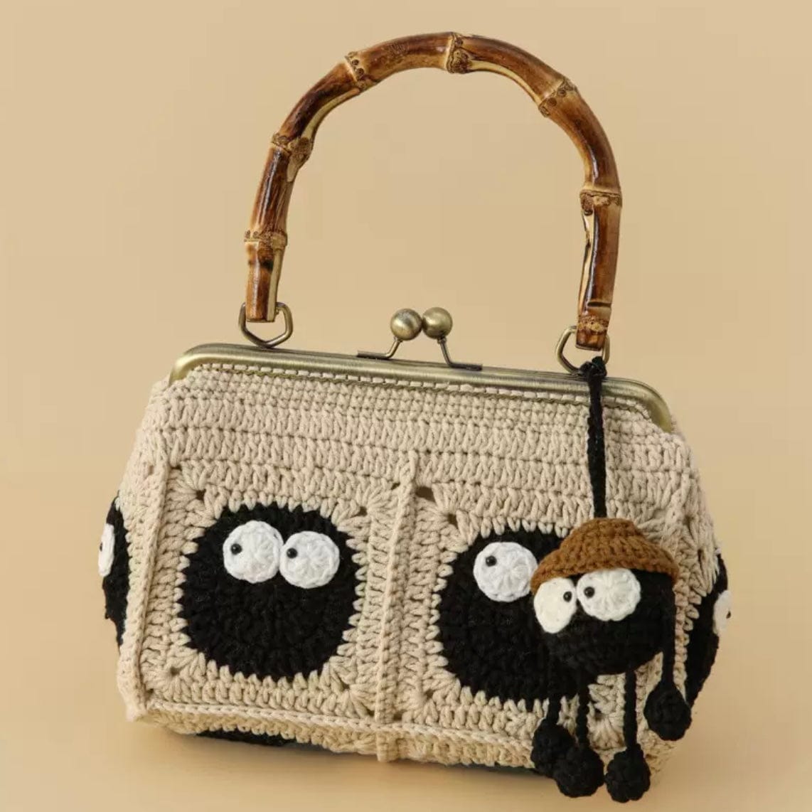 LayAura Black Briquettes HANDMADE CROCHET BAMBOO HANDLE BAG