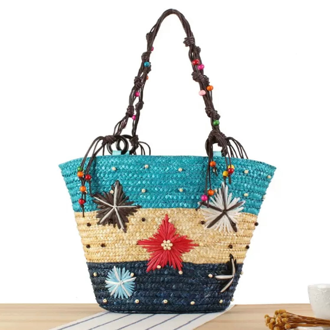 LayAura blue COLORFUL HANDWOVEN STRAW BEACH BAG