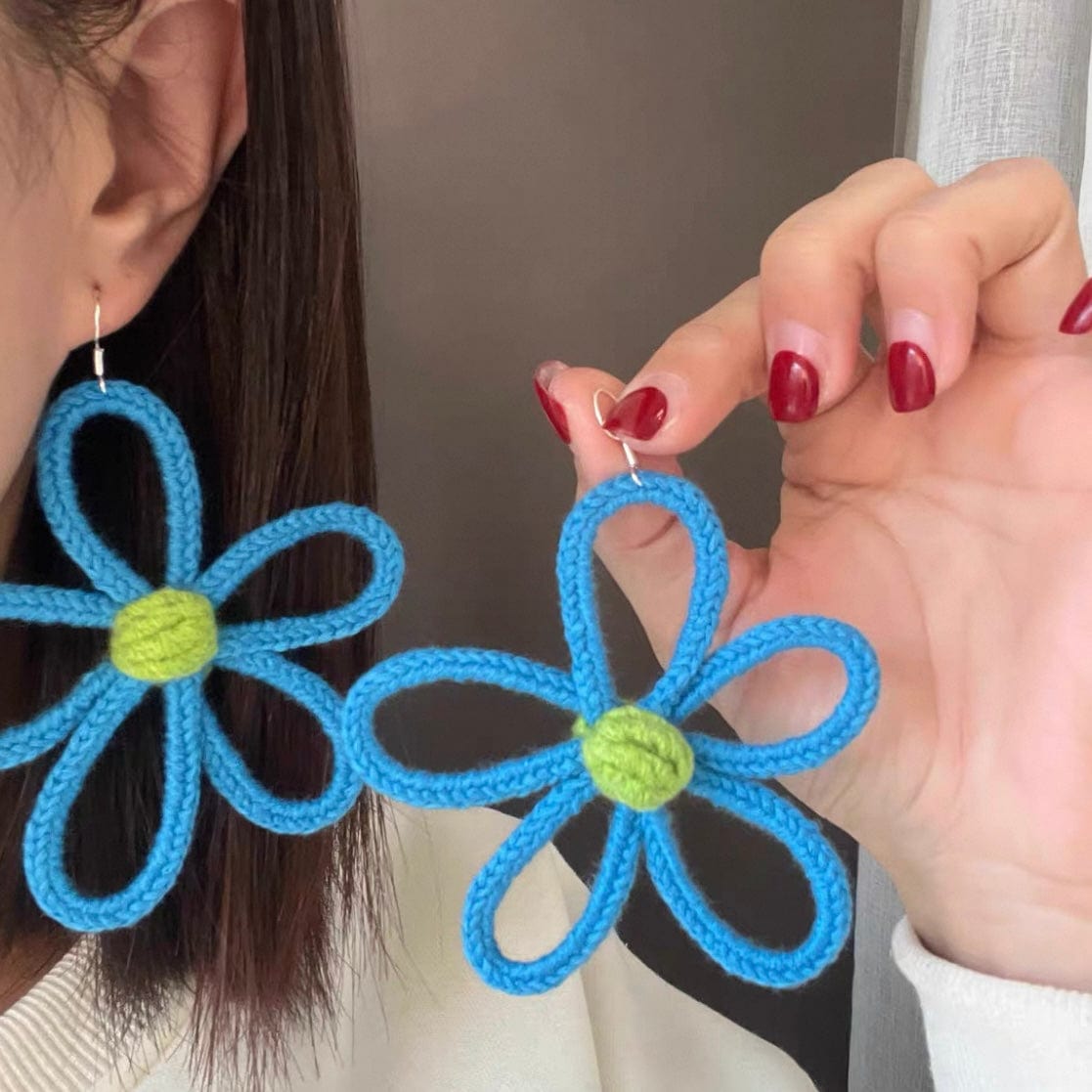 LayAura blue CROCHET FLOWER STATEMENT EARRINGS