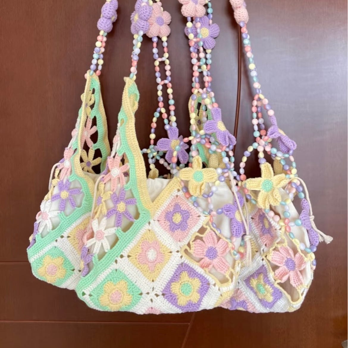 LayAura COLORFUL BEADED CROCHET FLOWER SHOULDER BAG