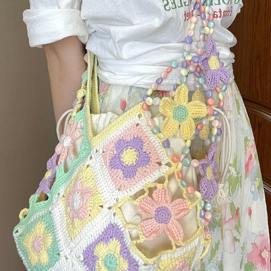 LayAura COLORFUL BEADED CROCHET FLOWER SHOULDER BAG