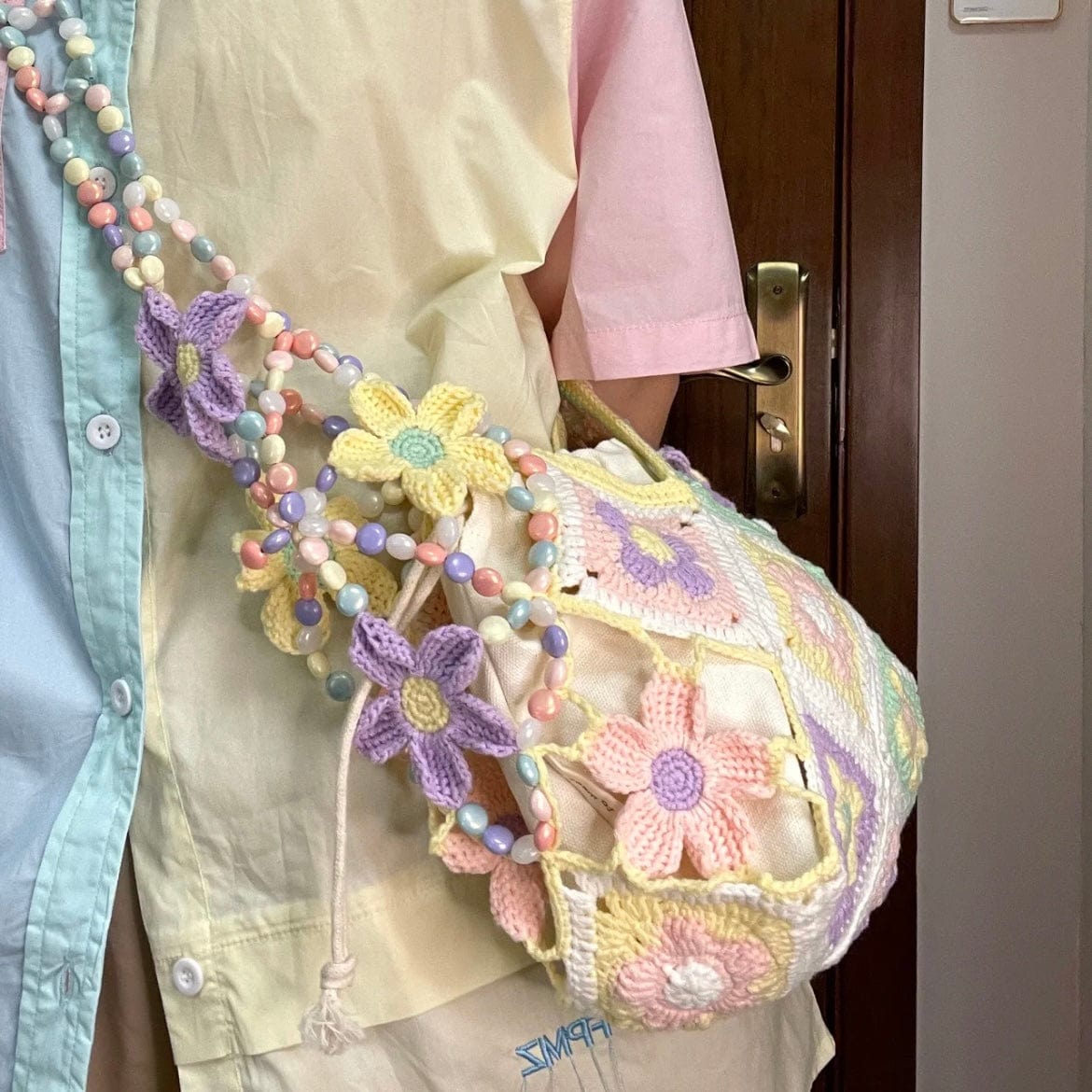 LayAura COLORFUL BEADED CROCHET FLOWER SHOULDER BAG