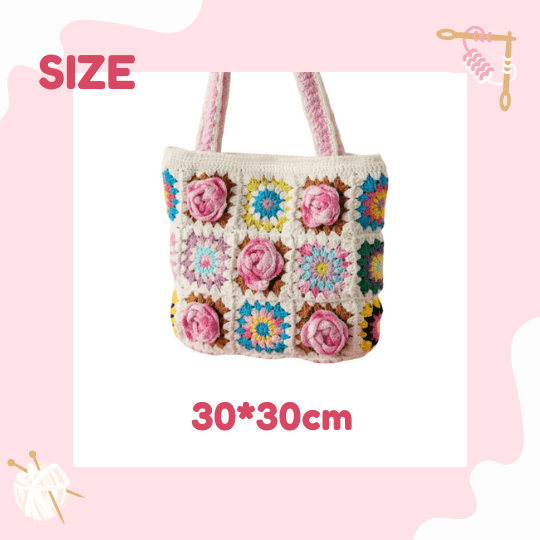 LayAura COLORFUL GRANNY SQUARE CROCHET TOTE BAG