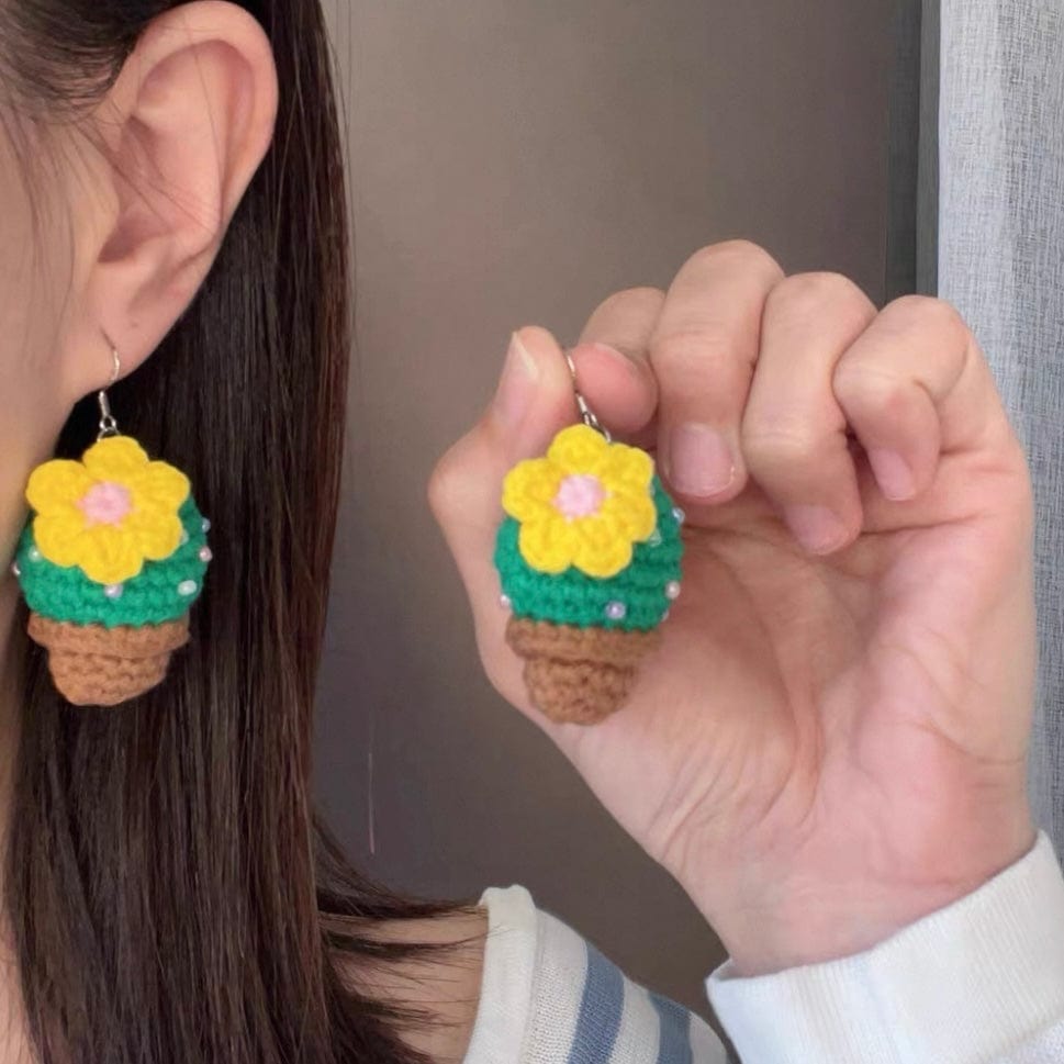 LayAura CROCHET CACTUS EARRINGS WITH YELLOW FLOWER