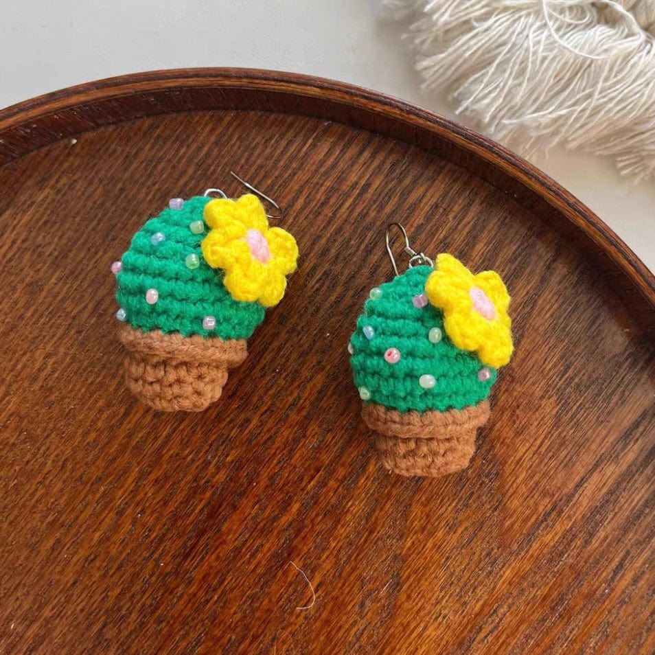 LayAura CROCHET CACTUS EARRINGS WITH YELLOW FLOWER