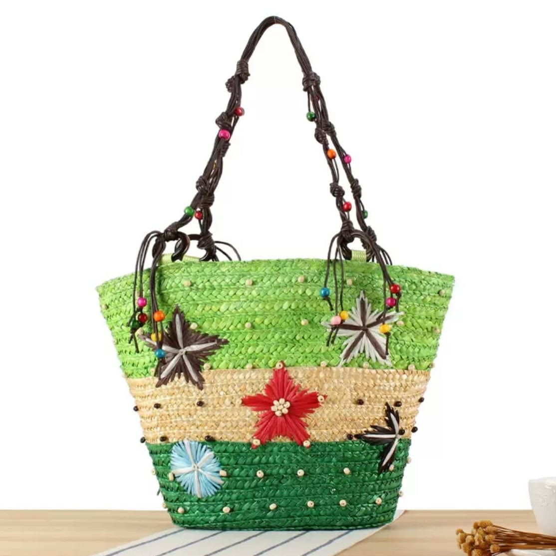 LayAura green COLORFUL HANDWOVEN STRAW BEACH BAG