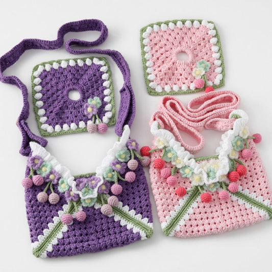 LayAura pink HANDMADE CROCHET STRAWBERRY GIRL BAG SET