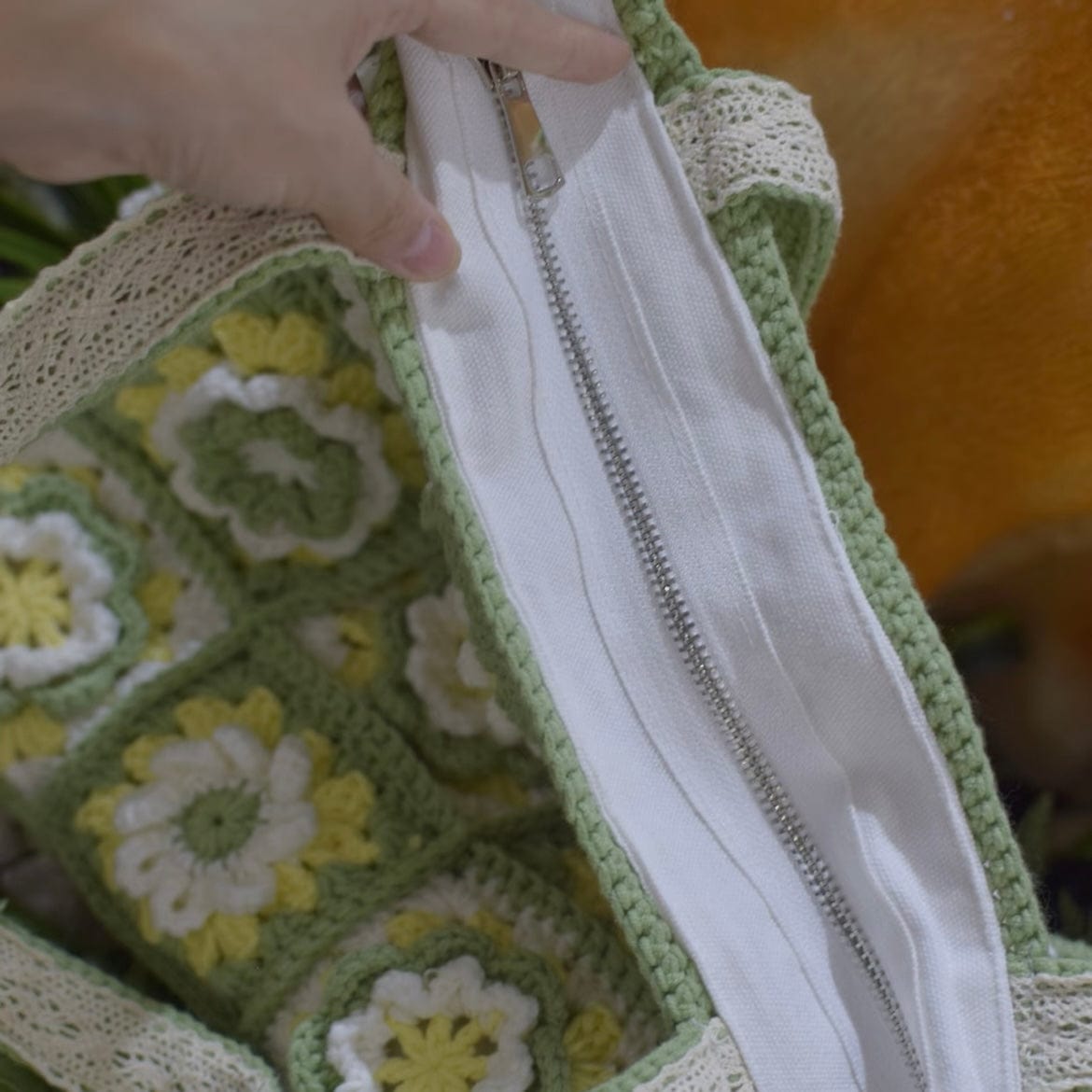 LayAura HANDMADE FLORAL GRANNY SQUARE CROCHET TOTE BAG – ZIPPER CLOSURE