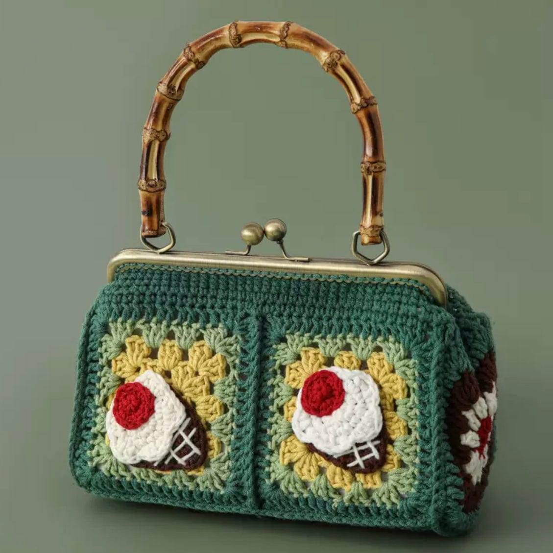LayAura ice cream HANDMADE CROCHET BAMBOO HANDLE BAG