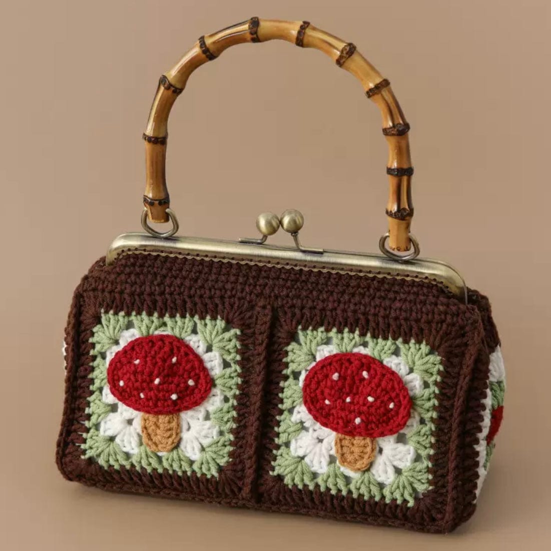 LayAura mushroom HANDMADE CROCHET BAMBOO HANDLE BAG