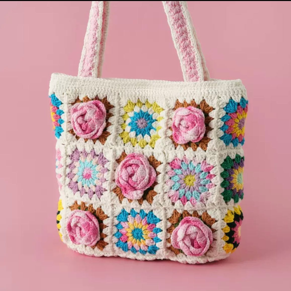 LayAura pink COLORFUL GRANNY SQUARE CROCHET TOTE BAG