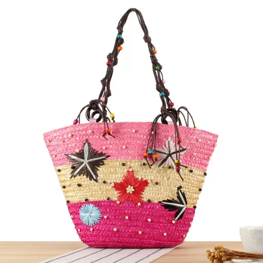 LayAura pink COLORFUL HANDWOVEN STRAW BEACH BAG