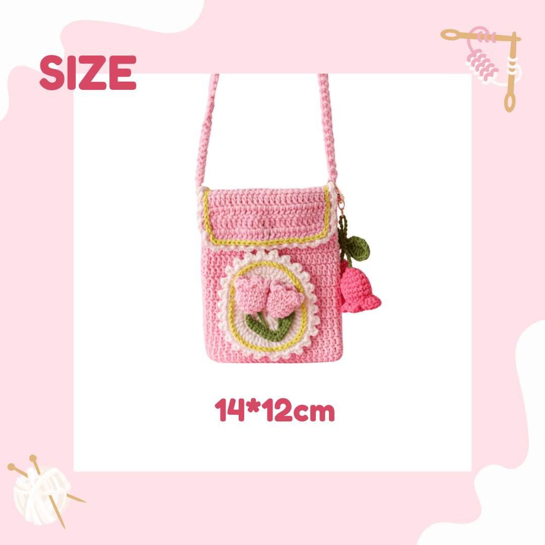 LayAura PINK TULIP CROCHET PHONE BAG