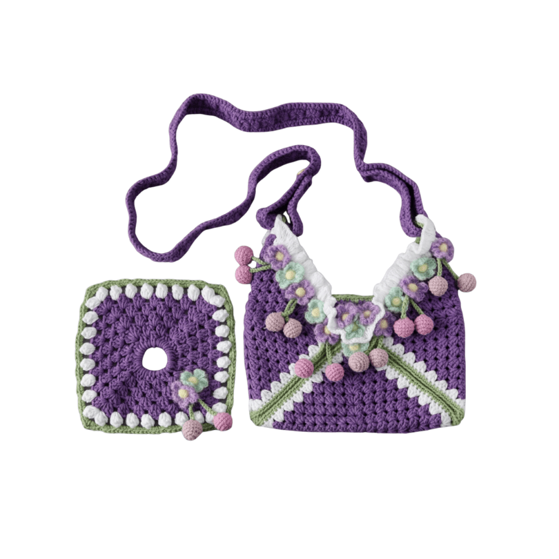 LayAura purple HANDMADE CROCHET STRAWBERRY GIRL BAG SET