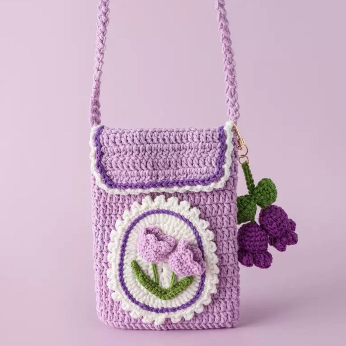 LayAura purple PINK TULIP CROCHET PHONE BAG