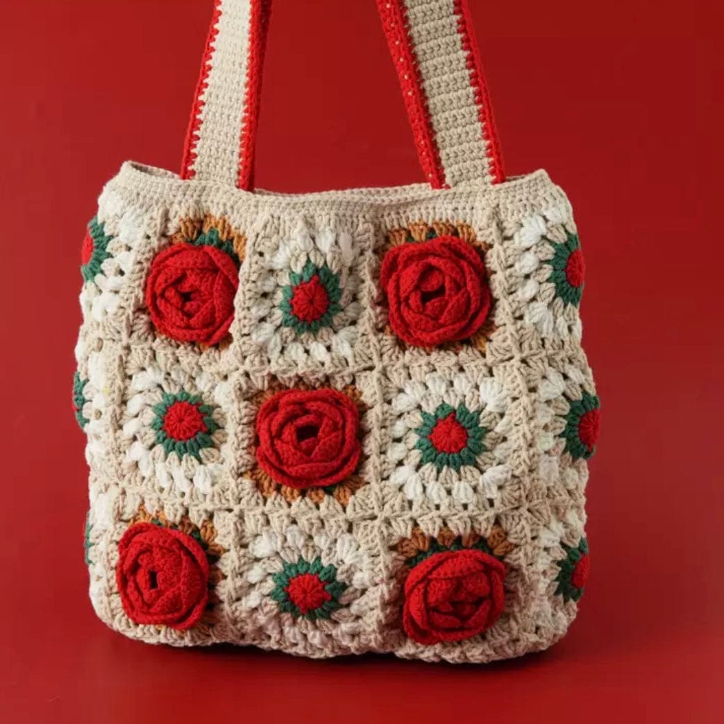 LayAura red COLORFUL GRANNY SQUARE CROCHET TOTE BAG