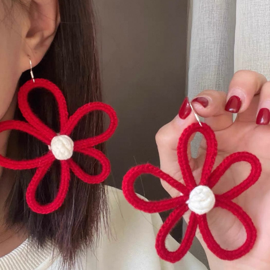 LayAura red CROCHET FLOWER STATEMENT EARRINGS