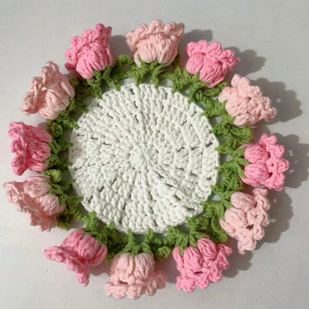 LayAura tulip HANDMADE CROCHET ROSE COASTER BASKET – DECORATIVE & FUNCTIONAL
