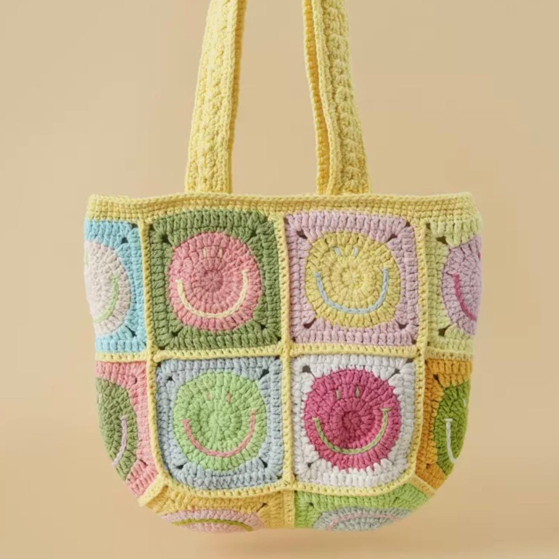 LayAura yellow HANDMADE CROCHET SMILEY FACE BAG