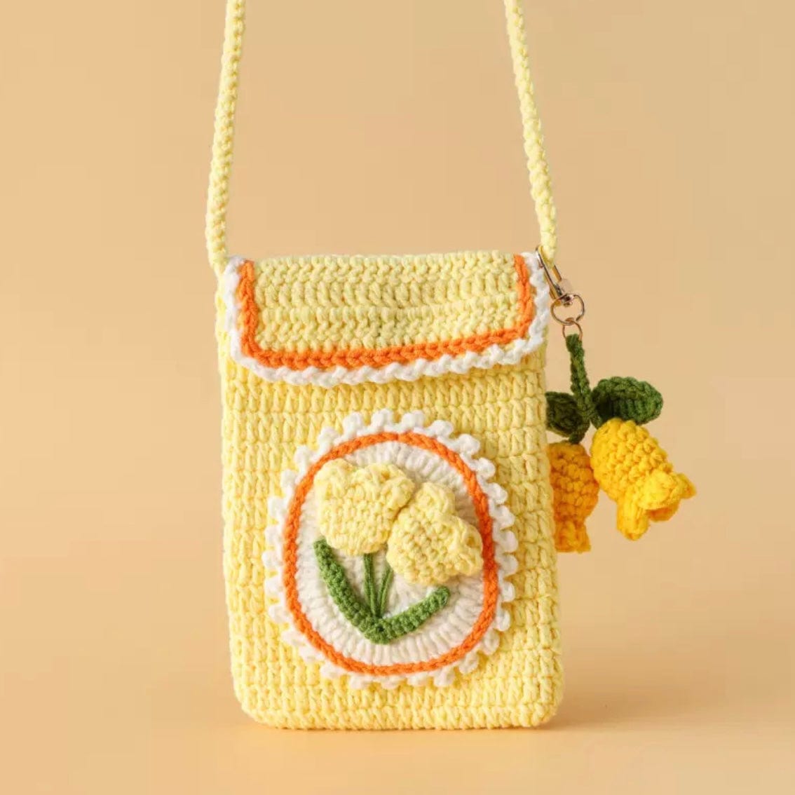 LayAura yellow PINK TULIP CROCHET PHONE BAG