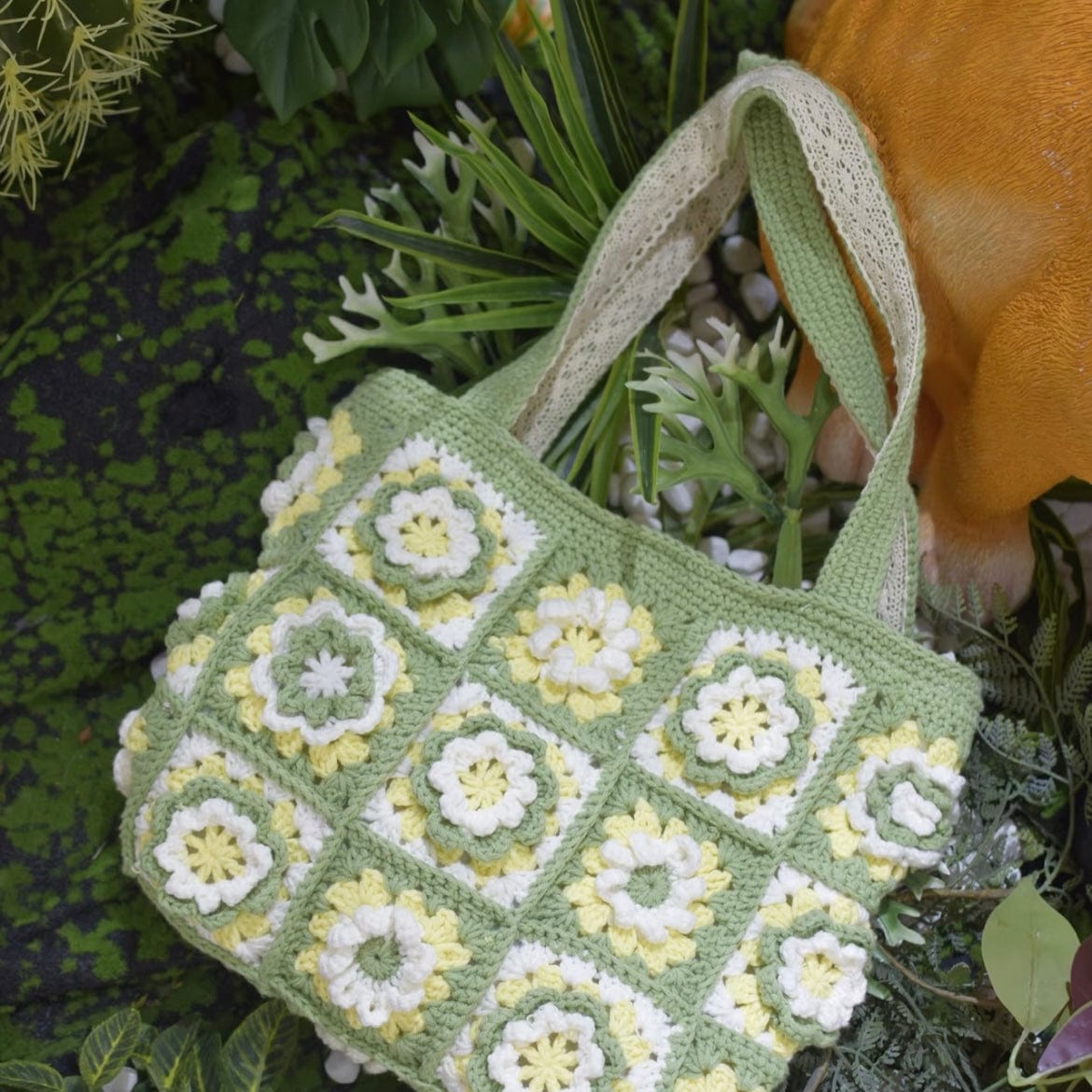 LayAura HANDMADE FLORAL GRANNY SQUARE CROCHET TOTE BAG – ZIPPER CLOSURE