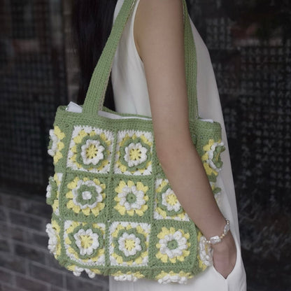 LayAura HANDMADE FLORAL GRANNY SQUARE CROCHET TOTE BAG – ZIPPER CLOSURE