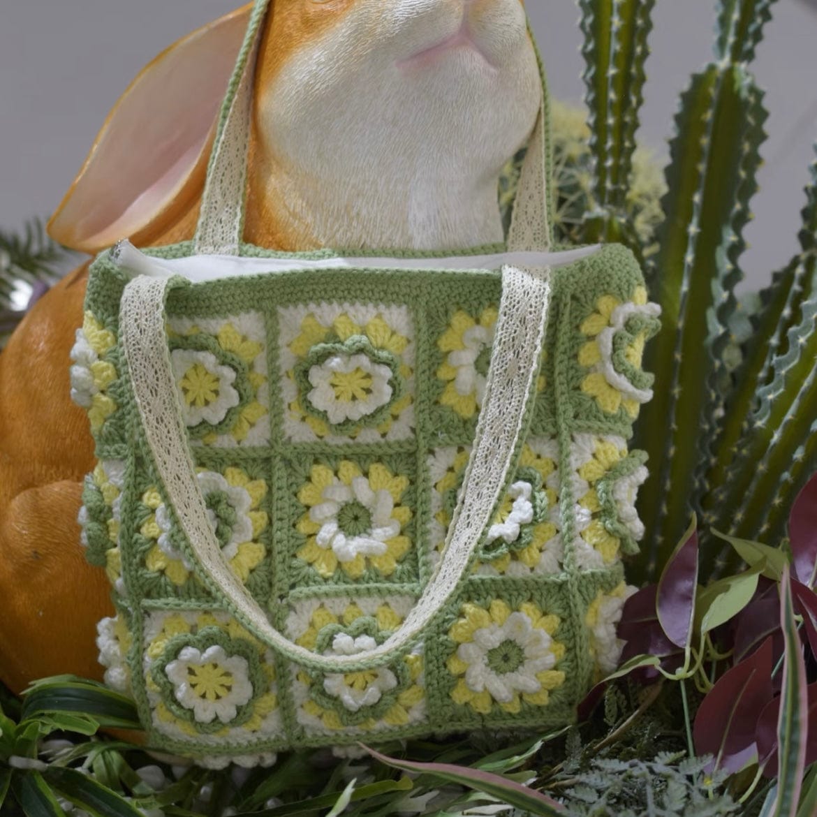 LayAura HANDMADE FLORAL GRANNY SQUARE CROCHET TOTE BAG – ZIPPER CLOSURE