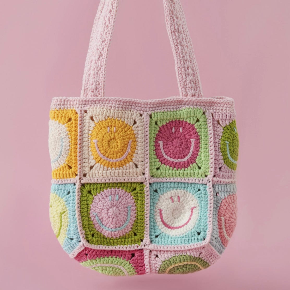 LayAura pink HANDMADE CROCHET SMILEY FACE BAG