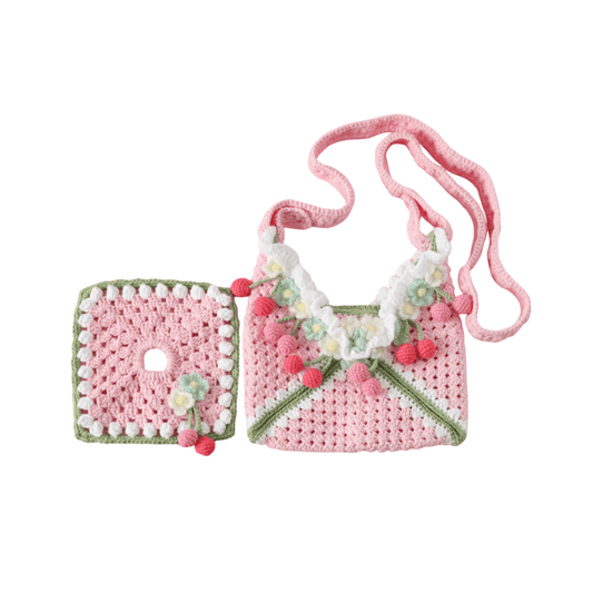 LayAura pink HANDMADE CROCHET STRAWBERRY GIRL BAG SET