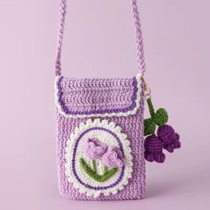 LayAura purple PINK TULIP CROCHET PHONE BAG